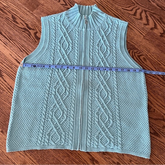 Cable Knit Full Zip Sweater Vest Womens XL Mock Neck Splendor 100% Cotton Aqua - Picture 6 of 7
